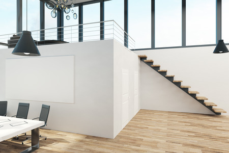 Clean two story office interior with panoramic window view, furniture and daylight. 3D Renderingの写真素材