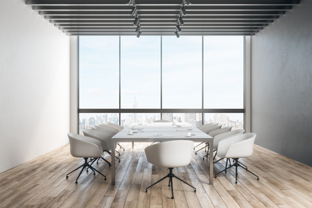 New meeting room interior with city view and copy space on wall. 3D Renderingの写真素材