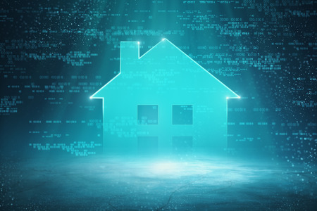 Smart home icon on blurry blue background with binary code. App and innovation concept. 3D Renderingの写真素材
