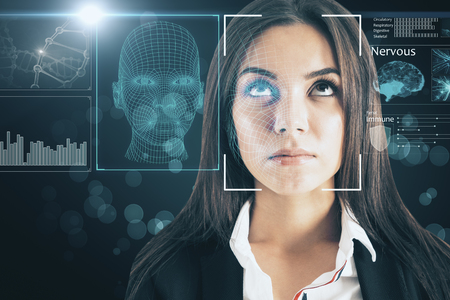 Portrait of attractive young european businesswoman with abstract face interface on blurry background. Biometrics and access concept. Double exposureの写真素材