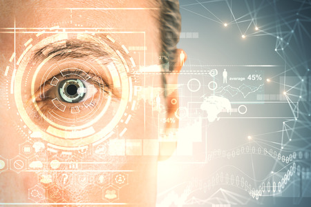 Young businesswoman with face access interface. Biometrics and password concept. Double exposureの写真素材