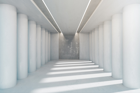 White concrete interior with columns and sunlight. 3D Renderingの写真素材