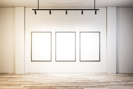 Bright interior with empty banner. Mock up, 3D Renderingの写真素材