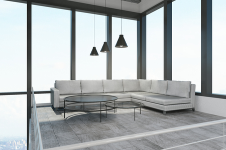 New spacious two storey concrete white office with panoramic city view and daylight. 3D Renderingの写真素材