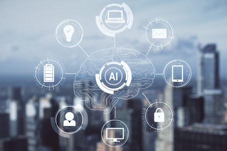 Creative city background with AI brain interface. Artificial intelligence and futuristic concept. Double exposureの写真素材