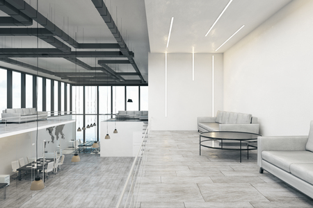 Spacious two storey concrete white office interior with panoramic city view and daylight. 3D Renderingの写真素材