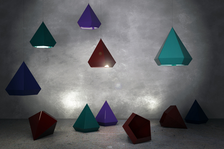 Abstract concrete interior with diamond shaped decorative objects. Style and design concept. 3D Renderingの写真素材