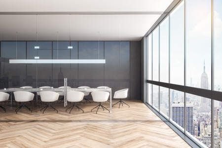 Light glass office interior with panoramic city view, furniture and daylight. 3D Renderingの写真素材