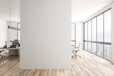 Modern office interior with blank copyspace on wall, New York city view and furniture. Mock up, 3D Renderingの写真素材