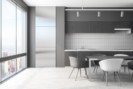 Modern kitchen interior with panoramic city view, daylight and furniture. 3D Renderingの写真素材