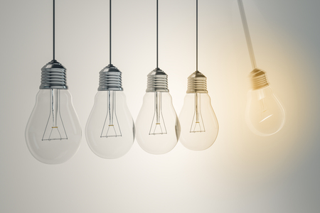 Low of light bulbs on light background. Idea and solution concept. 3D Renderingの写真素材