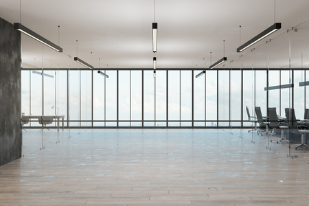 Spacious coworking office interior with panoramic city view. 3D Renderingの写真素材