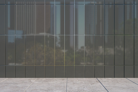 Empty shiny black tile background with city reflections. Mock up, 3D Renderingの写真素材