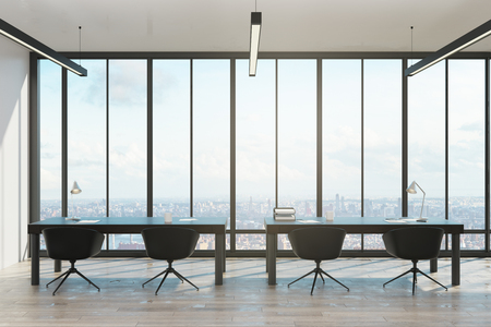 Modern coworking office interior with panoramic city view. 3D Renderingの写真素材