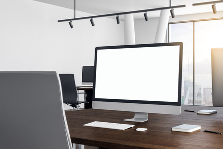 Close up of creative designer desktop with empty computer in modern office. Mock up, 3D Renderingの写真素材