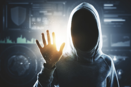 Hacker with digital business interface. Hacking and phishing concept. Double exposureの写真素材