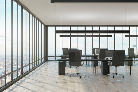 Coworking office interior with panoramic city view. 3D Renderingの写真素材