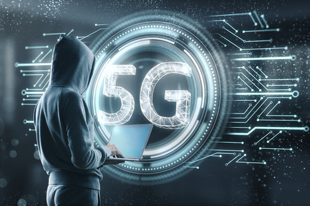 Hacker with creative 5G hologram. Web 3D Renderingの写真素材
