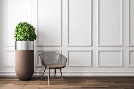Modern white interior with decorative plant, chair and empty copyspace. Mock up, 3D Renderingの写真素材