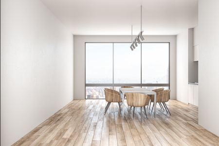 Clean kitchen interior with panoramic city view, daylight and furniture. 3D Renderingの写真素材