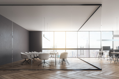 New glass office interior with panoramic city view, furniture and daylight. 3D Renderingの写真素材
