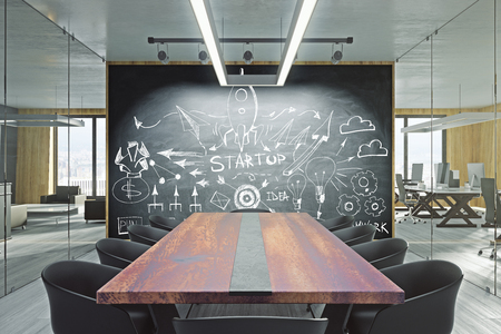 Modern meeting room with creative business sketch on blackboard. Entrepreneurship and startup concept. 3D Renderingの写真素材