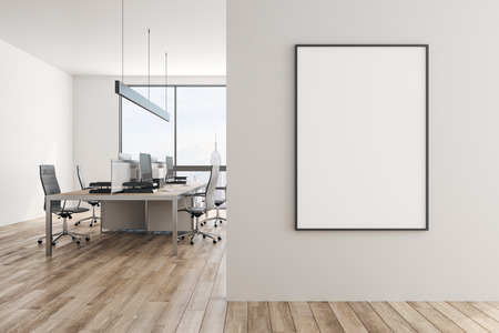 Modern office interior with empty poster on wall, New York city view and furniture. Mock up, 3D Renderingの写真素材