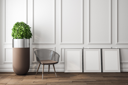 Modern white interior with decorative plant, chair and empty poster. Mock up, 3D Renderingの写真素材