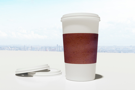 Take away coffee cup on white city and sky background. Morning beverage concept. 3D Renderingの写真素材
