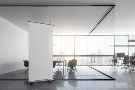 Contemporary office interior with empty billboard on wall, furniture and city view. Mock up, 3D Renderingの写真素材