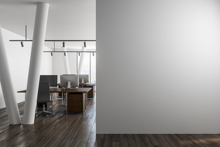Modern office interior with empty copyspace on wall and city view. Mock up, 3D Renderingの写真素材