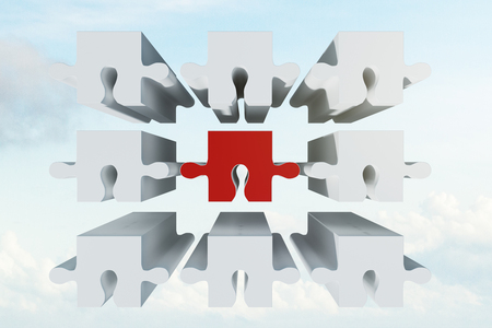 Creative puzzle building on sky background with clouds. Investment and strategy concept. 3D Renderingの写真素材