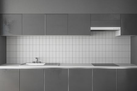 Grey kitchen interior with counters. Design and style concept. 3D Renderingの写真素材