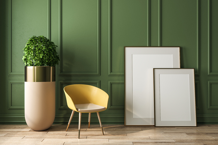 Modern green interior with decorative plant, chair and empty banner. Mock up, 3D Renderingの写真素材