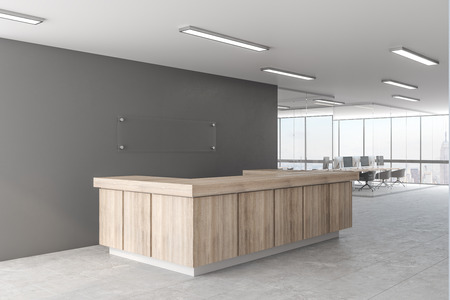 Creative office lobby with reception desk. 3D Renderingの写真素材