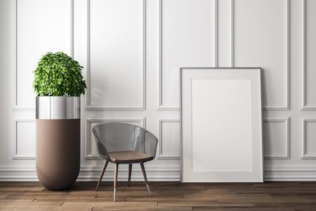 Modern white interior with decorative plant, chair and empty frame. Mock up, 3D Renderingの写真素材