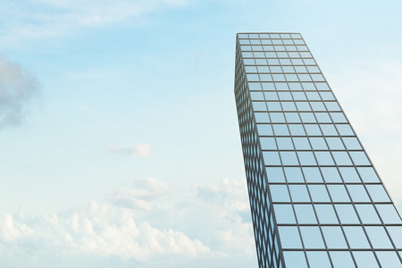 Abstract glass skyscraper on sky background with clouds. Downtown and office concept. 3D Renderingの写真素材