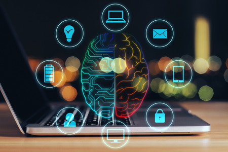 Side view of laptop with brain hologram on dark bokeh background. Artificial intelligence and device...