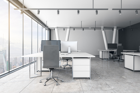 Concrete coworking office interior with New York city view and daylight. 3D Renderingの写真素材