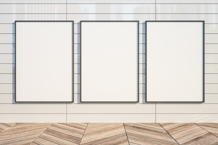 Empty banners on shiny tile background with city reflections. Mock up, 3D Renderingの写真素材