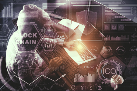 Hacker with digital business interface. Hacking and blockchain concept. Double exposureの写真素材