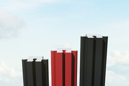 Creative puzzle building on sky background with clouds. Investment and cooperation concept. 3D Renderingの写真素材