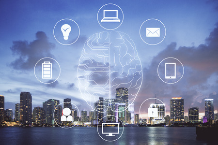 Digital brain interface on city background. AI and network concept. Double exposureの写真素材