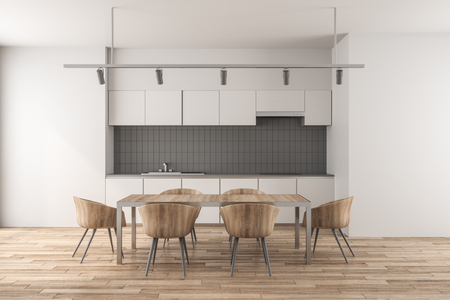 Contemporary kitchen interior with dining table. 3D Renderingの写真素材