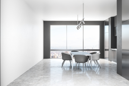 White kitchen interior with panoramic city view, daylight and furniture. 3D Renderingの写真素材