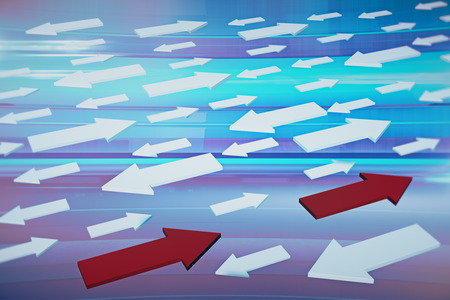 Creative arrows on blurry backdrop. Direction and choice concept. 3D Renderingの写真素材