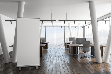 Modern office interior with empty poster on wall and city view. Mock up, 3D Renderingの写真素材