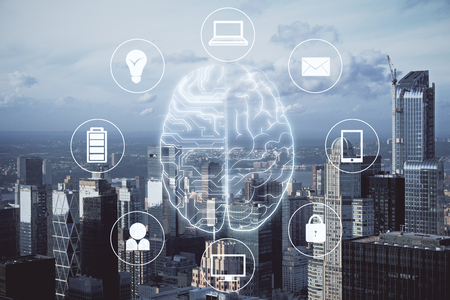 Digital brain interface on city background. AI and hologram concept. Double exposureの写真素材