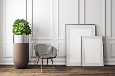 Modern white interior with decorative plant, chair and empty banner. Mock up, 3D Renderingの写真素材