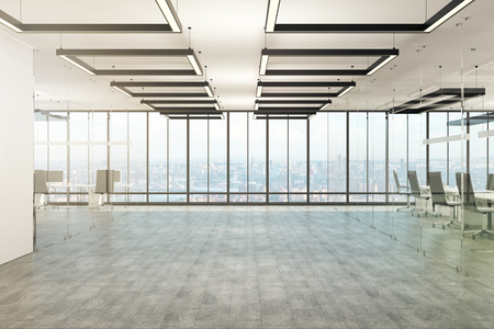 Bright office interior with panoramic city view and daylight. 3D Renderingの写真素材